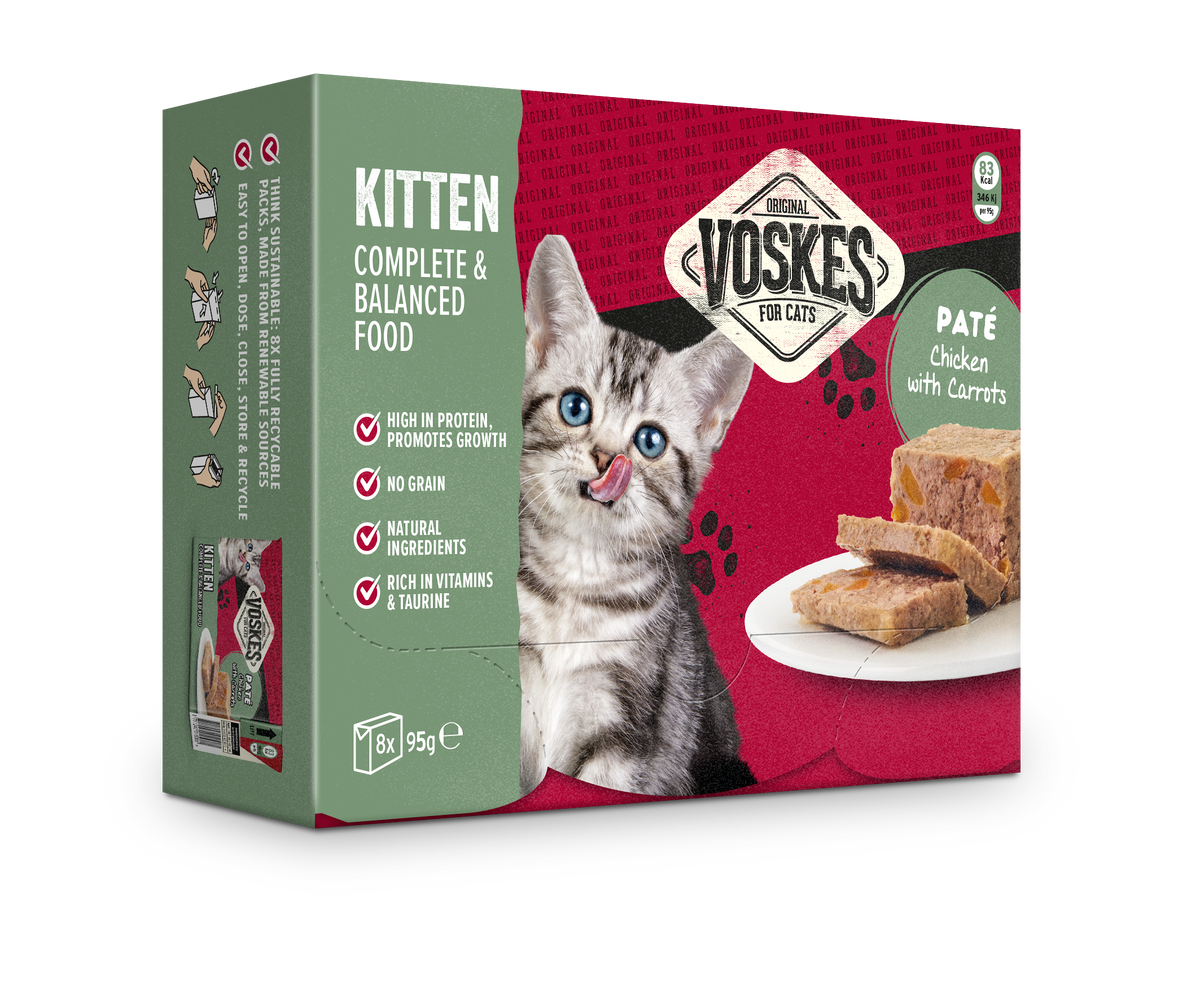 Voskes Pate Kitten Kip en Wortelen nat kattenvoer 8 x 95 g verpakking voorkant