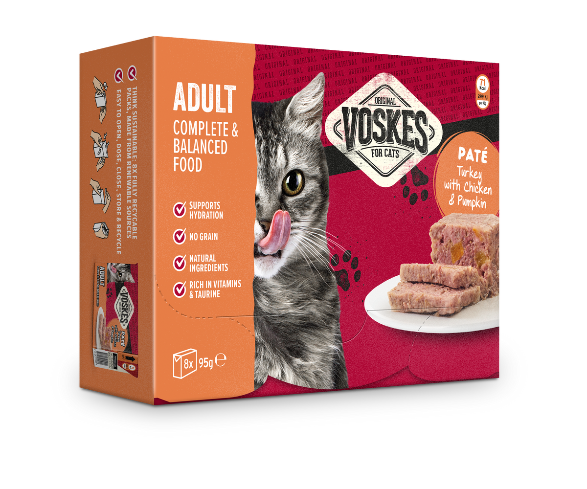 Voskes Pate Kalkoen Kip en Pompoen nat kattenvoer 8 x 95 g verpakking voorkant
