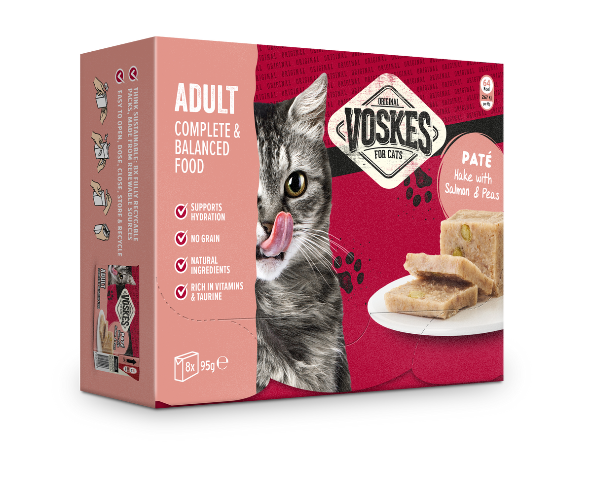 Voskes Pate Heek Zalm en Erwten nat kattenvoer 8 x 95 g verpakking voorkant
