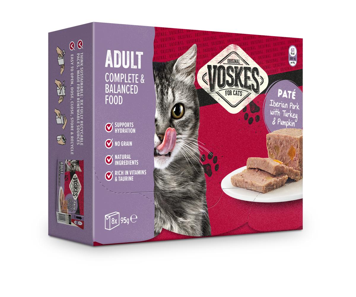Voskes Pate Iberisch Varken Kalkoen en Pompoen nat kattenvoer 8 x 95 g verpakking voorkant