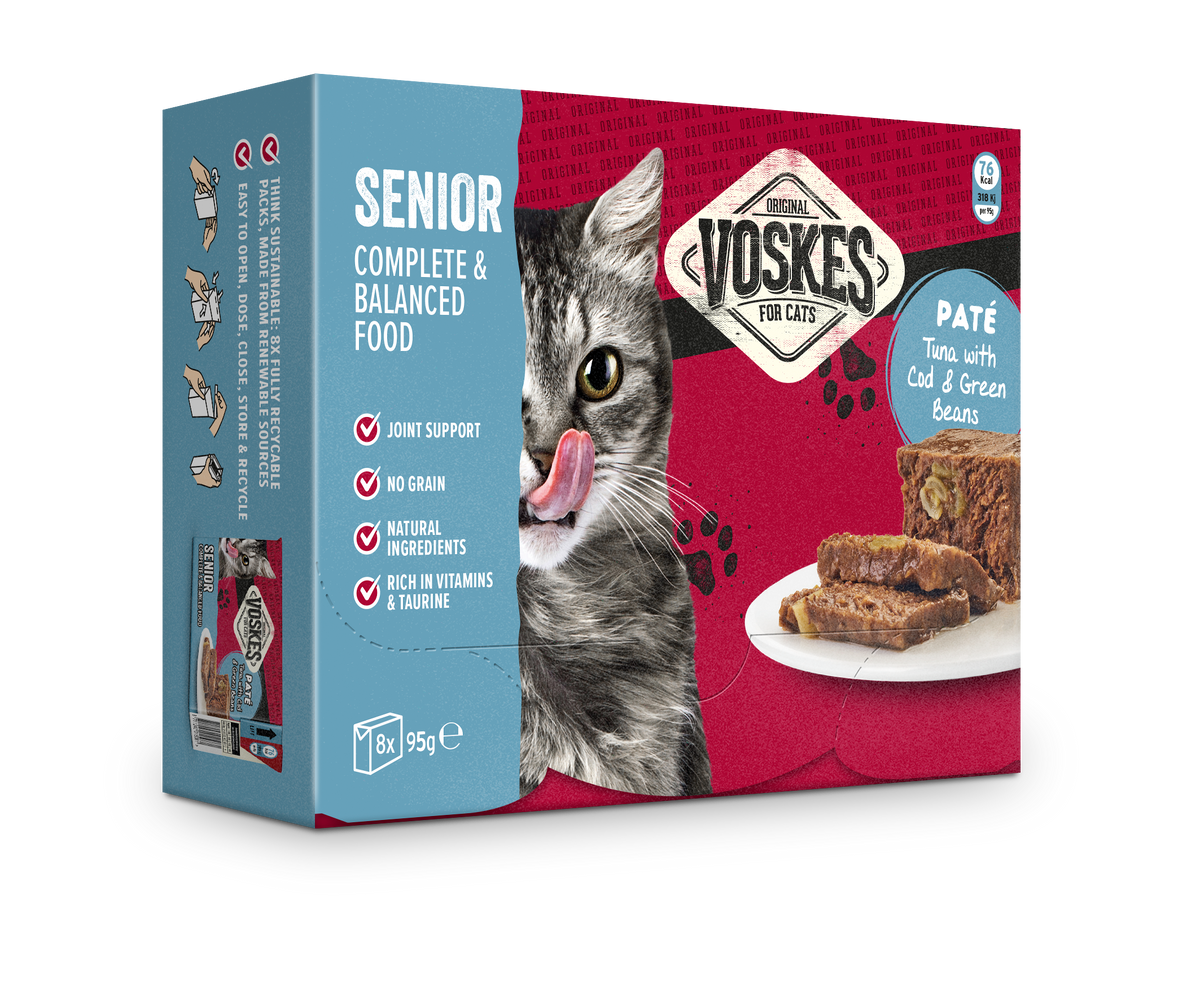 Voskes Pate Senior Tonijn Kabeljauw en Sperziebonen nat kattenvoer 8 x 95 g verpakking voorkant