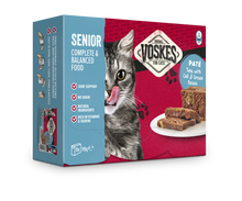 Voskes Pate Senior Tonijn Kabeljauw en Sperziebonen nat kattenvoer 8 x 95 g verpakking voorkant