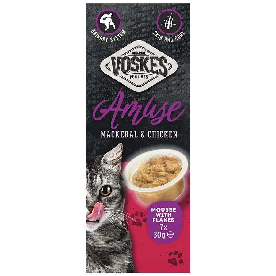 Voskes Mousse Makreel en Kip kattensnack 7 x 30 g verpakking voorkant