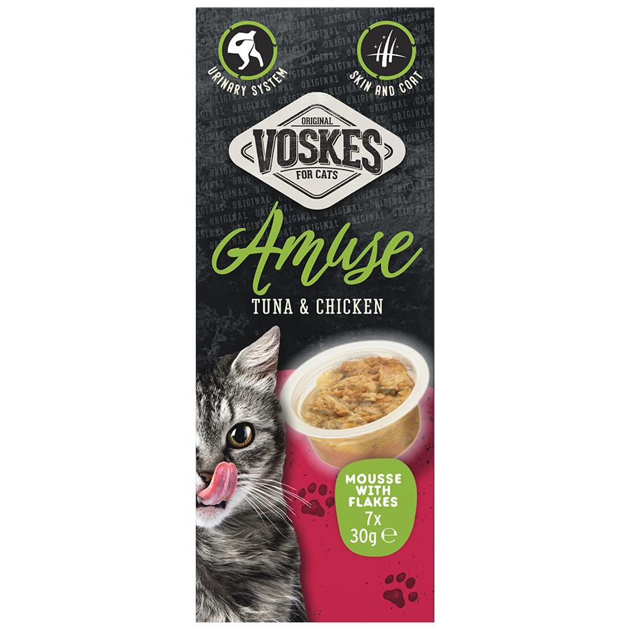 Voskes Mousse Tonijn en Kip kattensnack 7 x 30 g verpakking voorkant