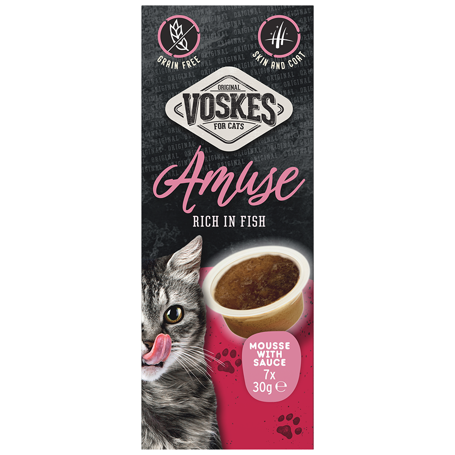 Voskes Mousse Saus Rijk Aan Vis kattensnack 7 x 30 g verpakking voorkant