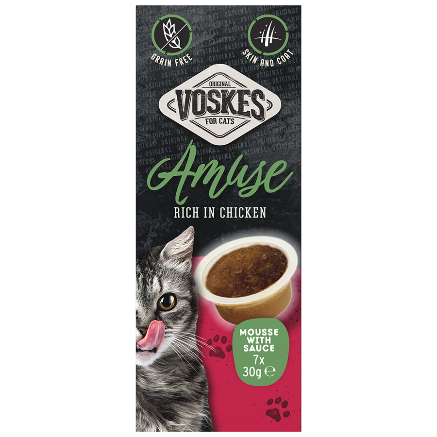 Voskes Mousse Saus Rijk Aan Kip kattensnack 7 x 30 g verpakking voorkant