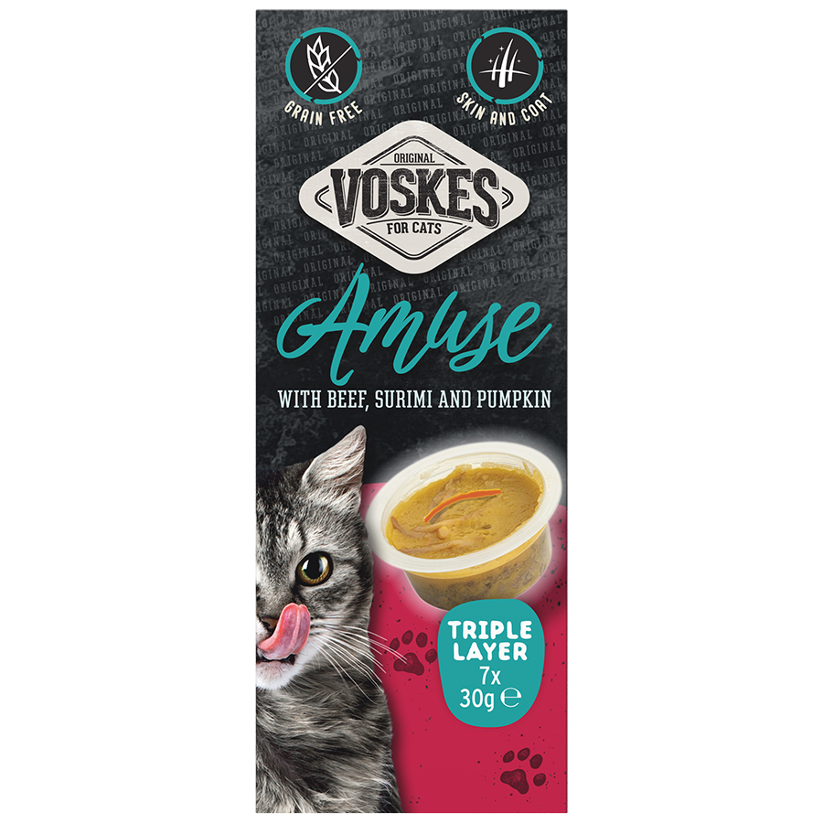 Voskes Triple Layer Rund Surimi en Pompoen kattensnack 7 x 30 g verpakking voorkant
