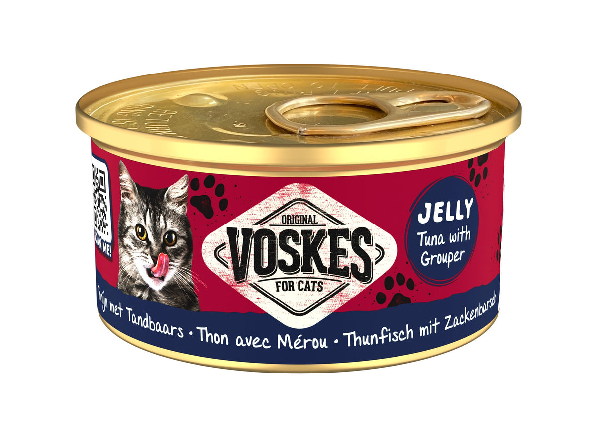 Voskes Gelei Tonijn en Tandbaars kattensnack 85 g verpakking voorkant