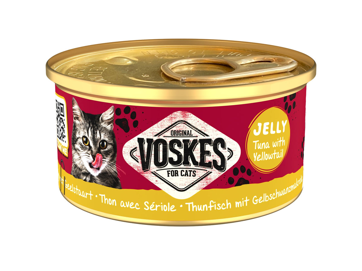 Voskes Gelei Tonijn en Geelstaart kattensnack 85 g verpakking voorkant