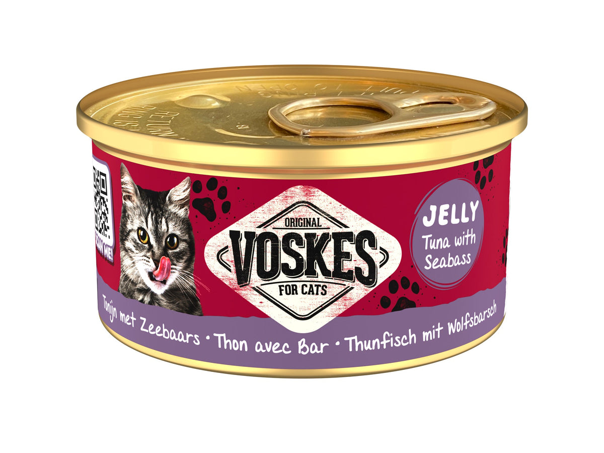 Voskes Gelei Tonijn en Zeebaars kattensnack 85 g verpakking voorkant