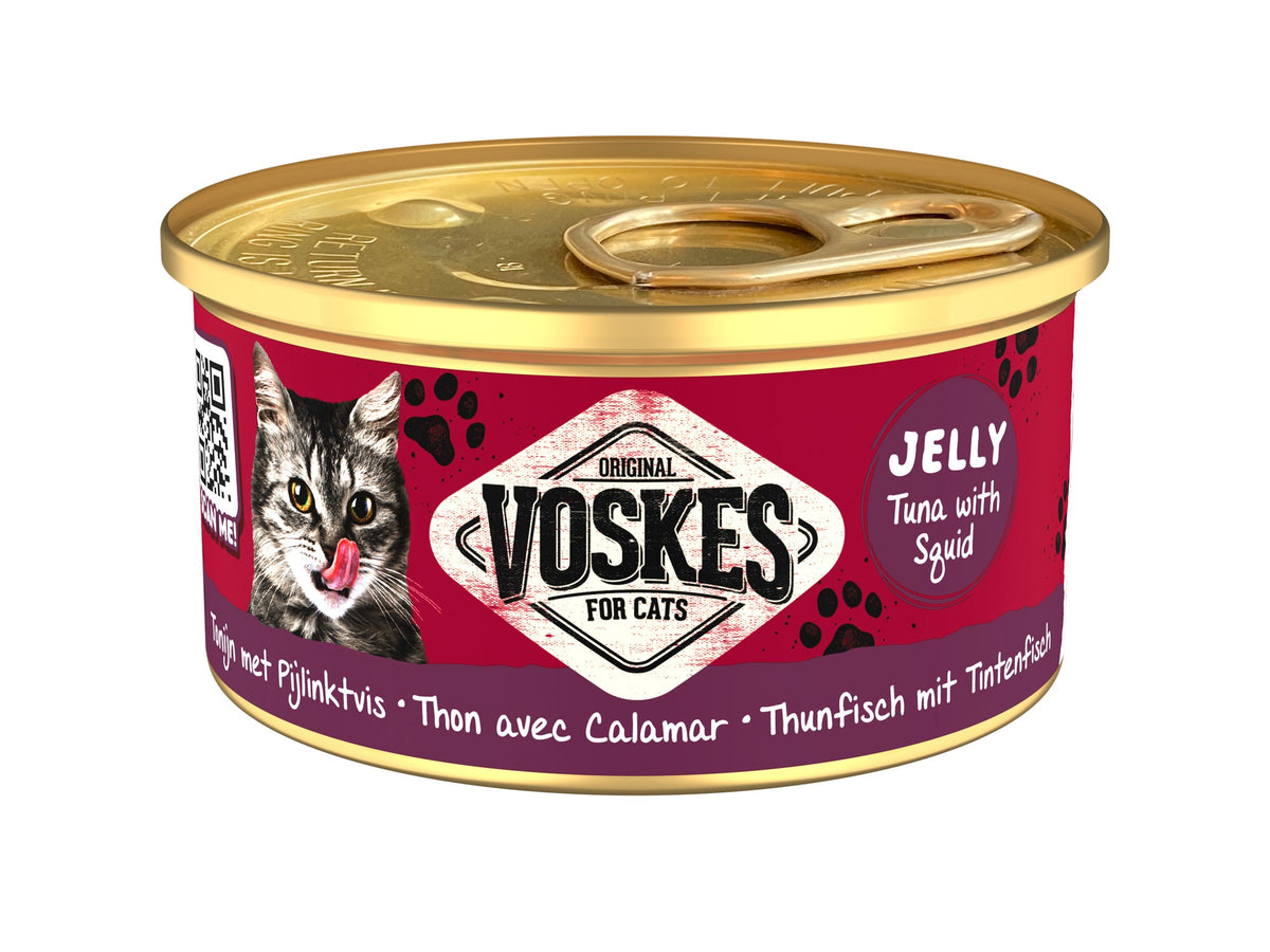 Voskes Gelei Tonijn en Pijlinktvis kattensnack 85 g verpakking voorkant