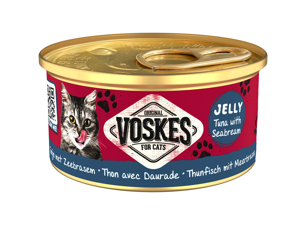 Voskes Gelei Tonijn en Zeebrasem kattensnack 85 g verpakking voorkant