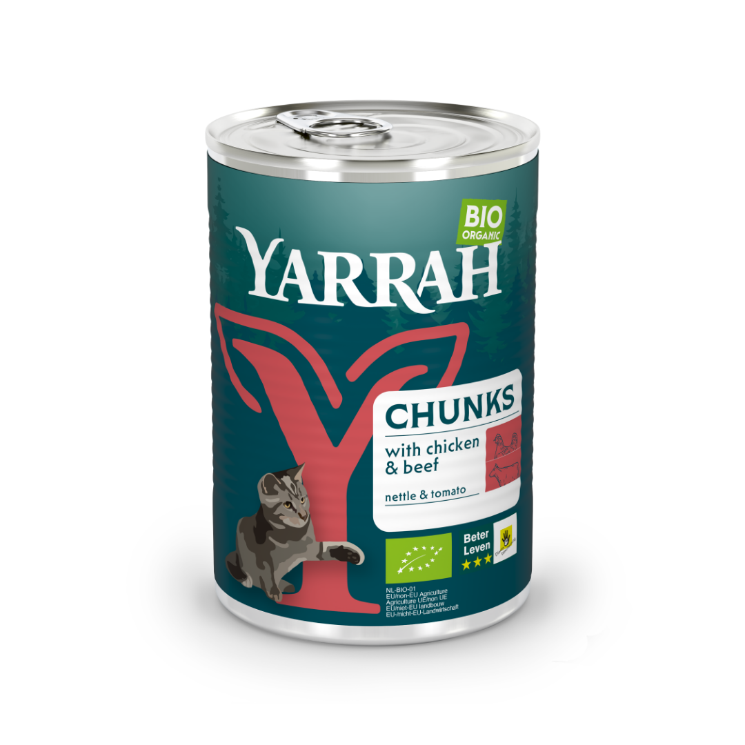Yarrah Biologische Brokjes in Saus Kip & Rund – Natvoer – 405 g