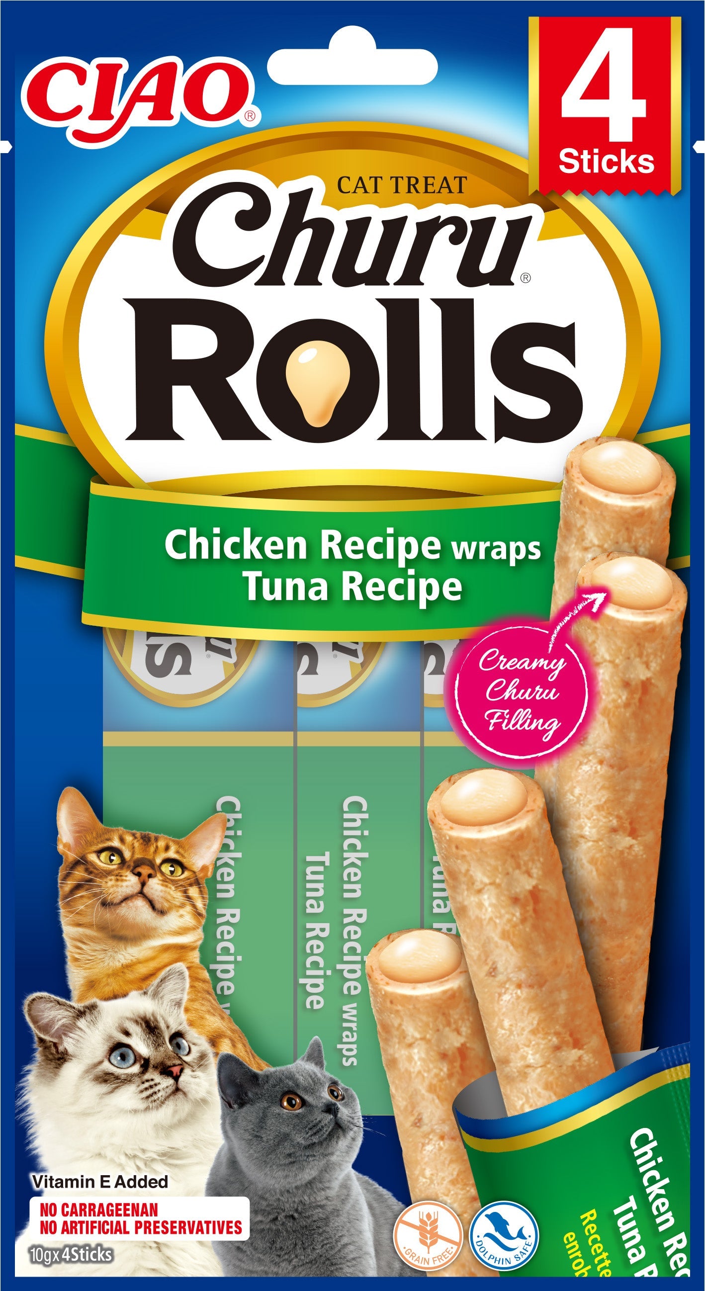 Inaba Ciao Churu Rolls kip & tonijn 4 x 10 g verpakking