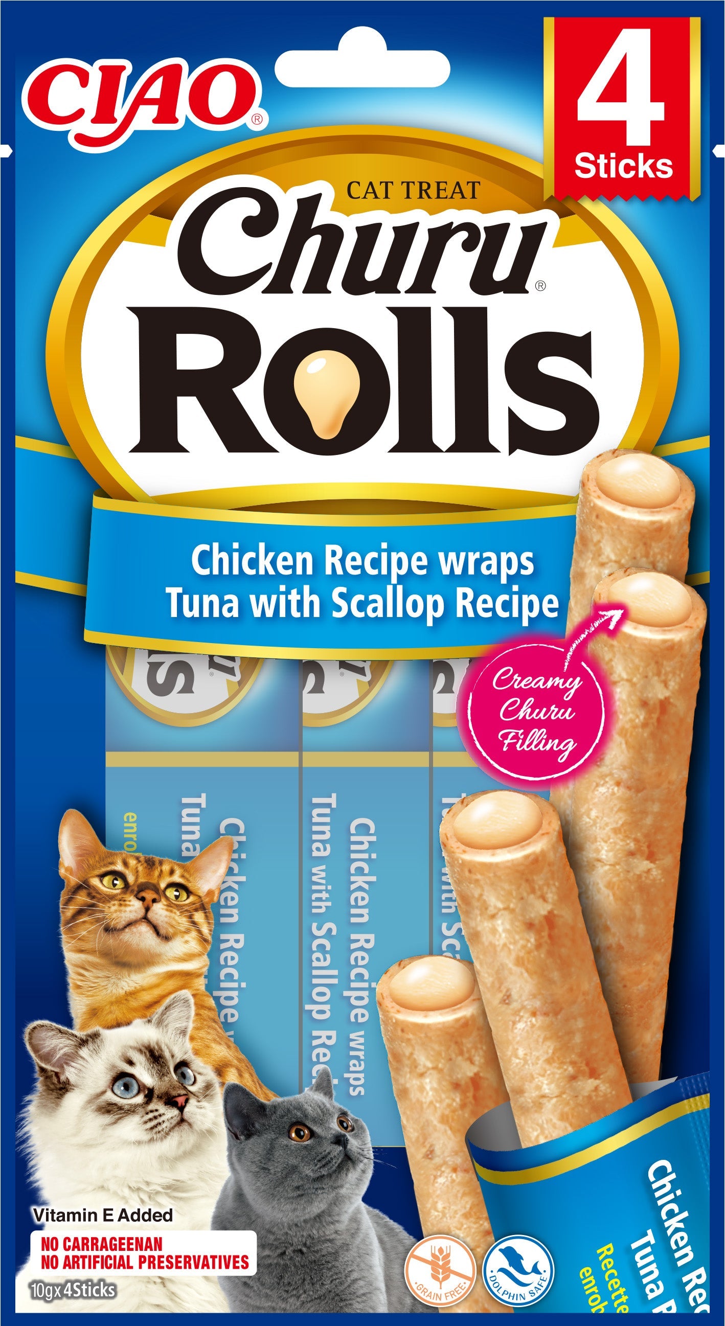 Inaba Ciao Churu Rolls kip, tonijn & sint-jakobsschelp 4 x 10 g verpakking