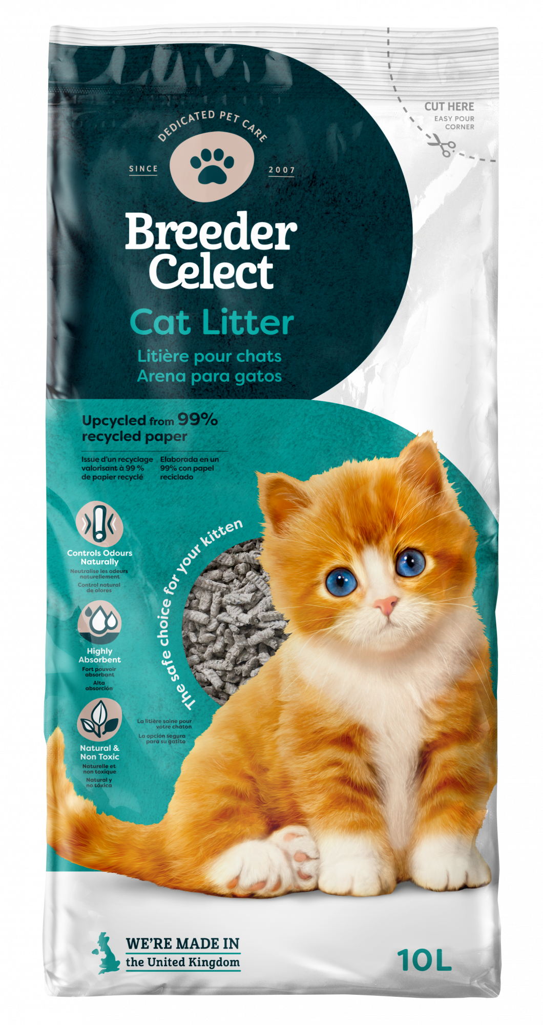 BreederCelect 10 liter – stofarme papieren kattenbakvulling van gerecycled papier