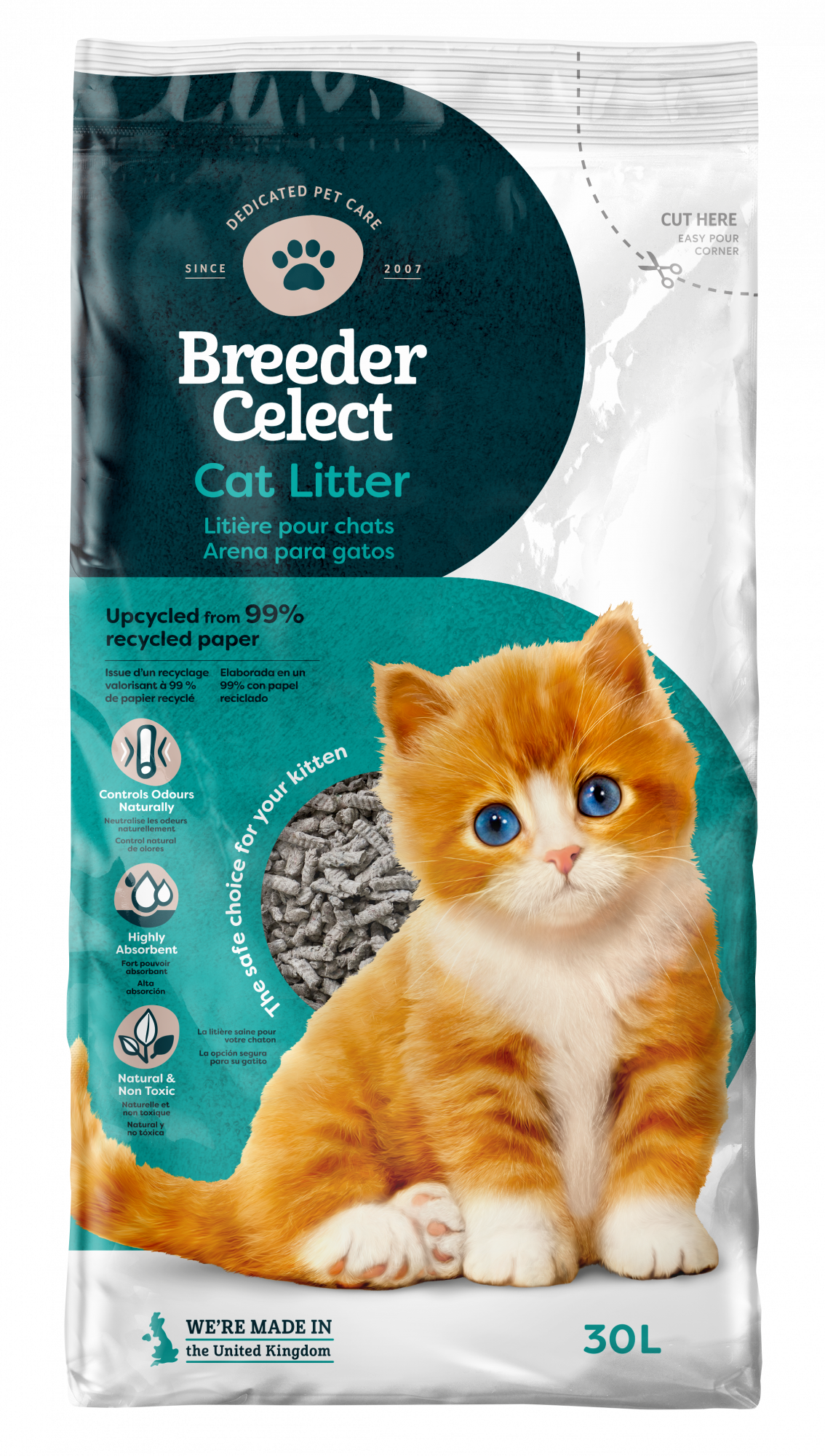 BreederCelect 30 liter – stofarme papieren kattenbakvulling van gerecycled papier