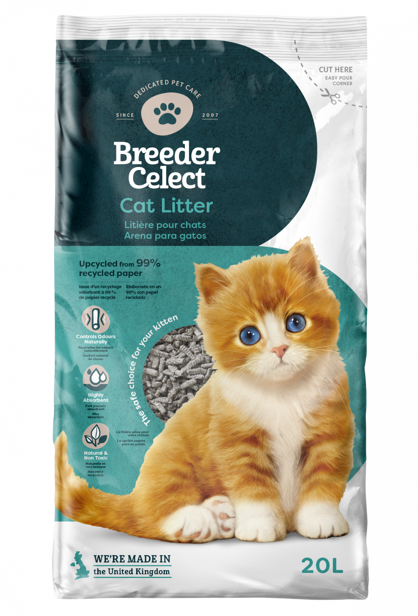 BreederCelect 20 liter – stofarme papieren kattenbakvulling van gerecycled papier