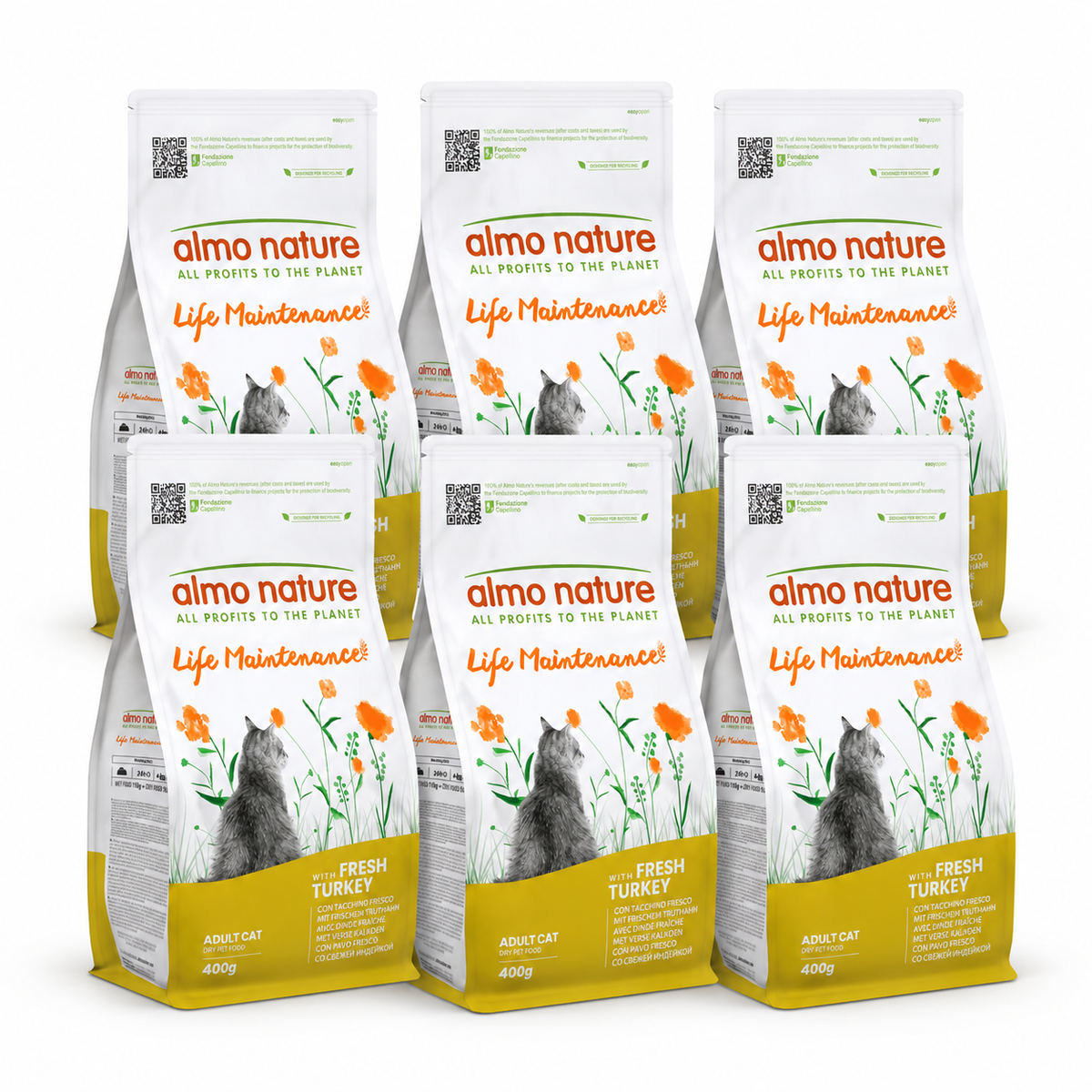 Almo Nature Life Maintenance Kalkoen & Rijst – 6 × 400 g – 6 zakken op witte achtergrond