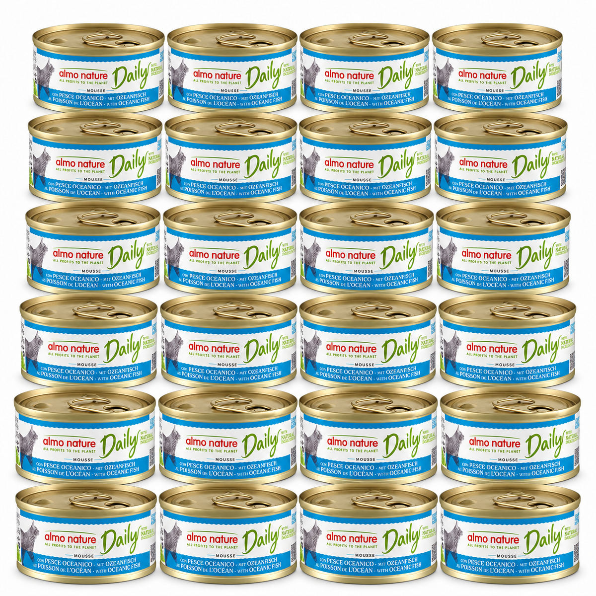 Almo Nature Daily Mousse Oceaanvis – 24 × 85 g – 24 blikjes op witte achtergrond