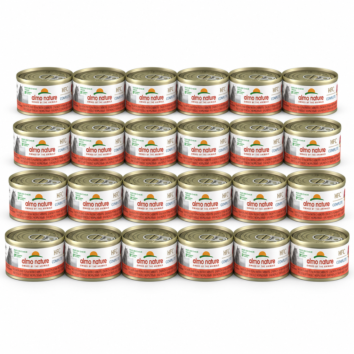 Almo Nature HFC Complete Zalm, Tonijn & Wortel – 24 × 70 g – 24 blikjes op witte achtergrond