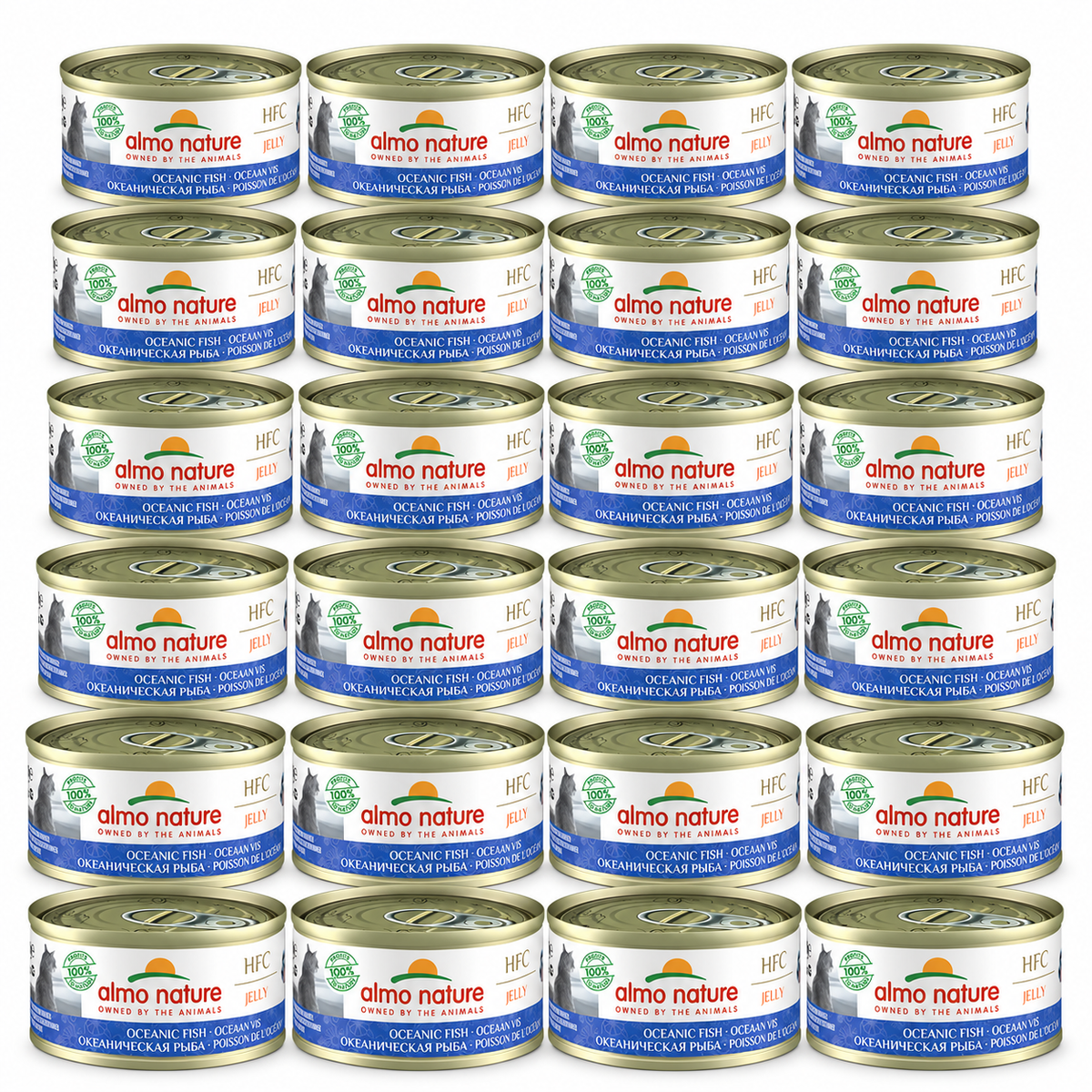 Almo Nature HFC Jelly Oceaanvis – 24 × 70 g – 24 blikjes op witte achtergrond