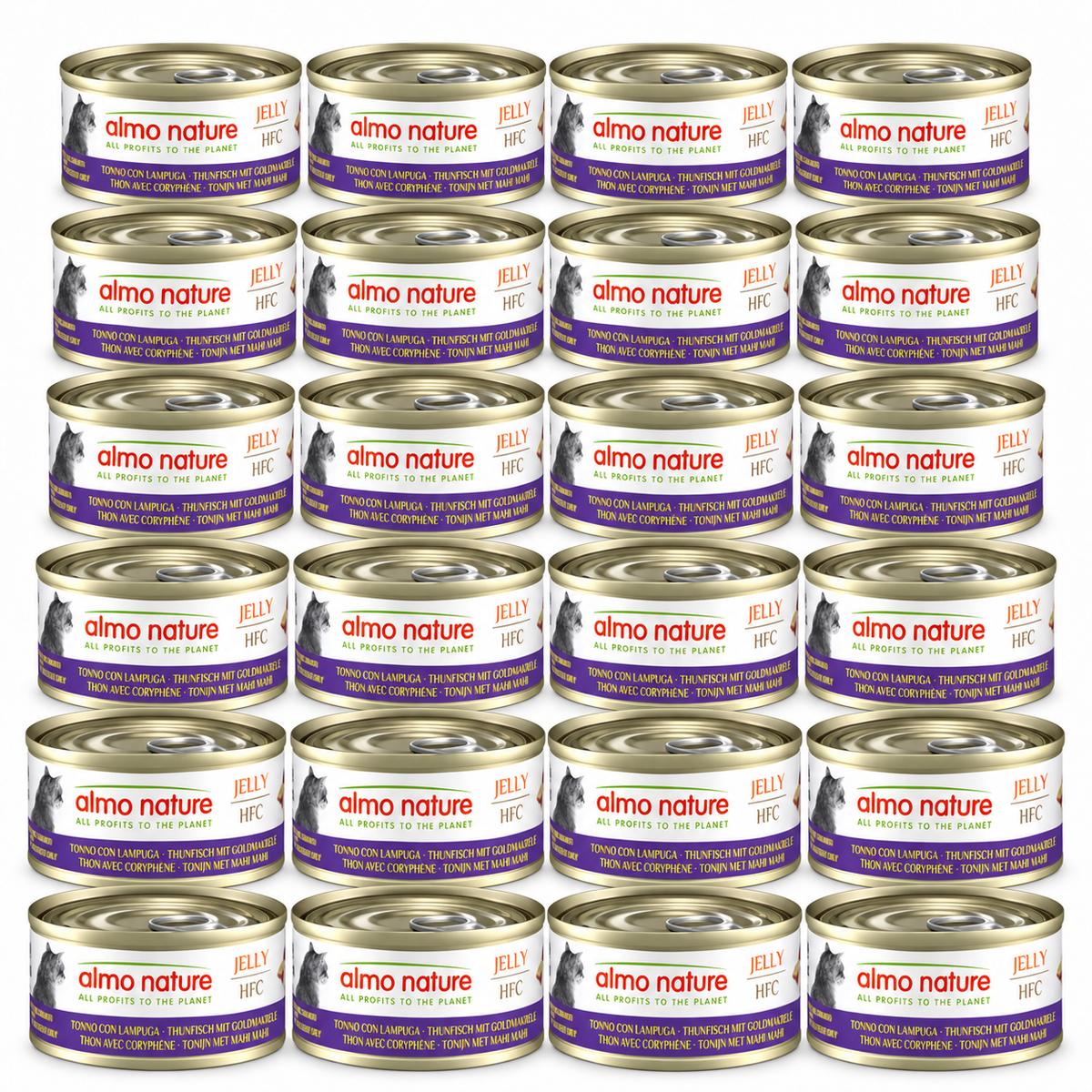 Almo Nature HFC Jelly Tonijn & Mahi Mahi – 24 × 70 g – 24 blikjes op witte achtergrond