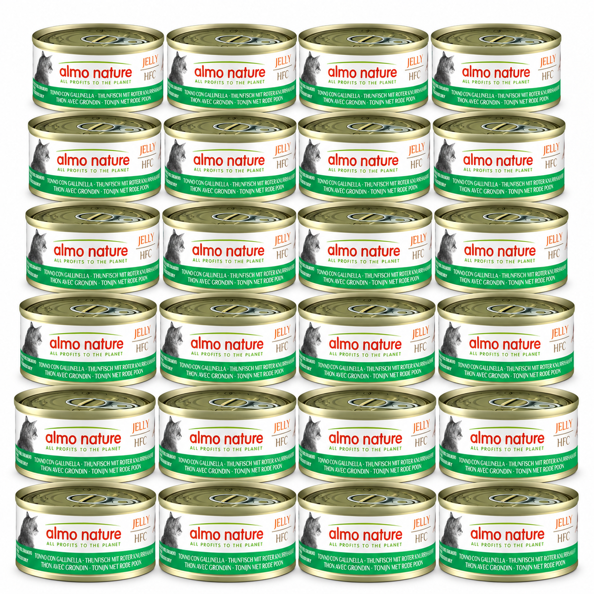 Almo Nature HFC Jelly Tonijn & Rode Poon – 24 × 70 g – 24 blikjes op witte achtergrond