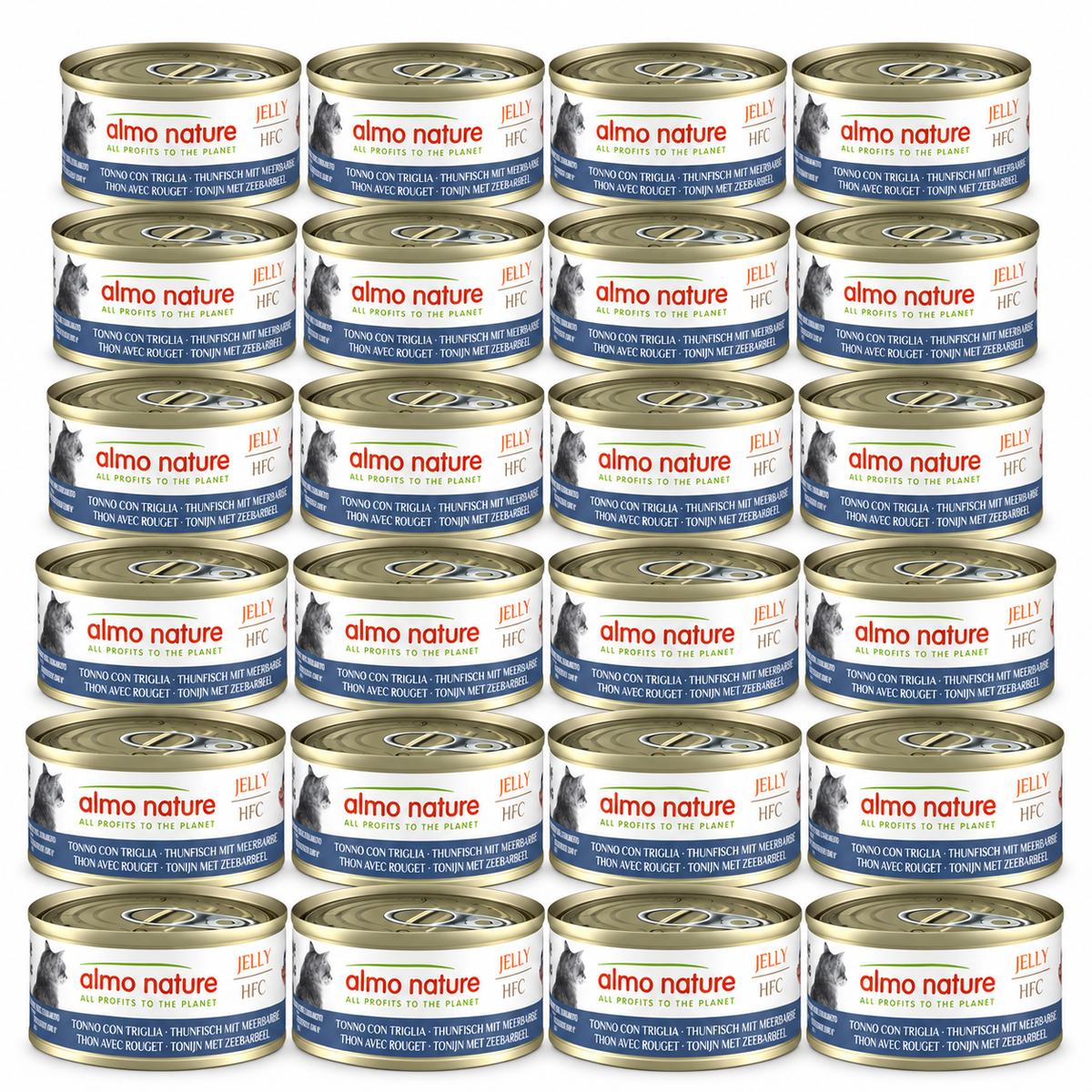 Almo Nature HFC Jelly Tonijn & Zeebarbeel – 24 × 70 g – 24 blikjes op witte achtergrond