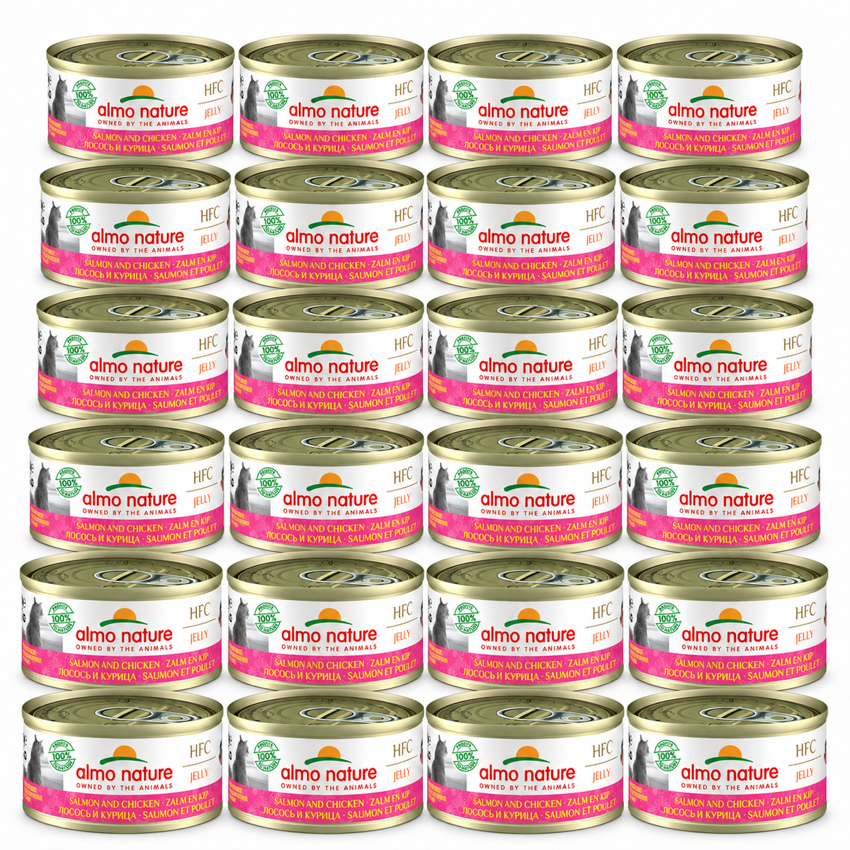 Almo Nature HFC Jelly Zalm & Kip – 24 × 70 g – 24 blikjes op witte achtergrond