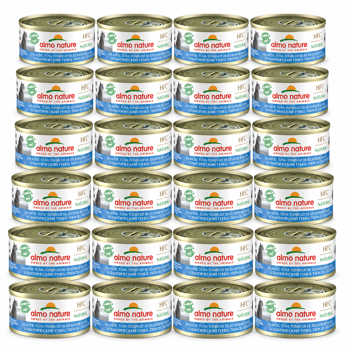Almo Nature HFC Natural Tonijn uit de Atlantische Oceaan – 24 × 70 g – 24 blikjes op witte achtergrond