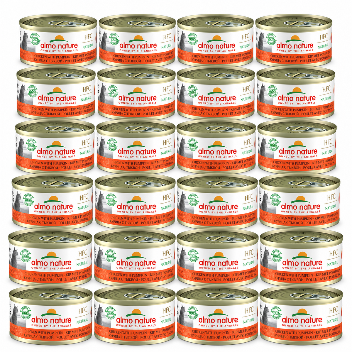 Almo Nature HFC Natural Kip & Pompoen – 24 × 70 g – 24 blikjes op witte achtergrond