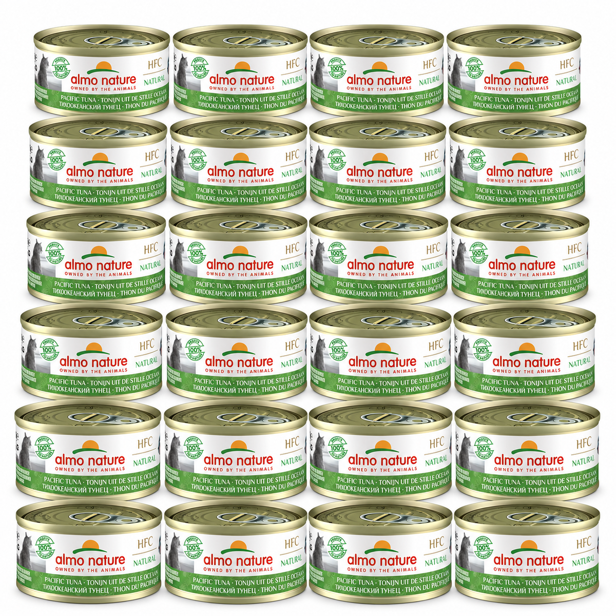 Almo Nature HFC Natural Tonijn uit de Stille Oceaan – 24 × 70 g – 24 blikjes op witte achtergrond