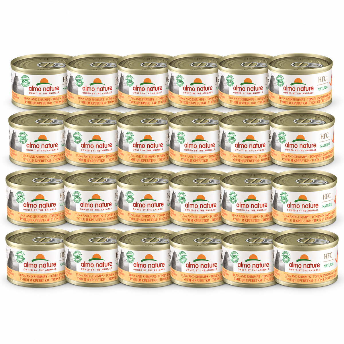 Almo Nature HFC Natural Tonijn & Garnaaltjes – 24 × 70 g – 24 blikjes op witte achtergrond