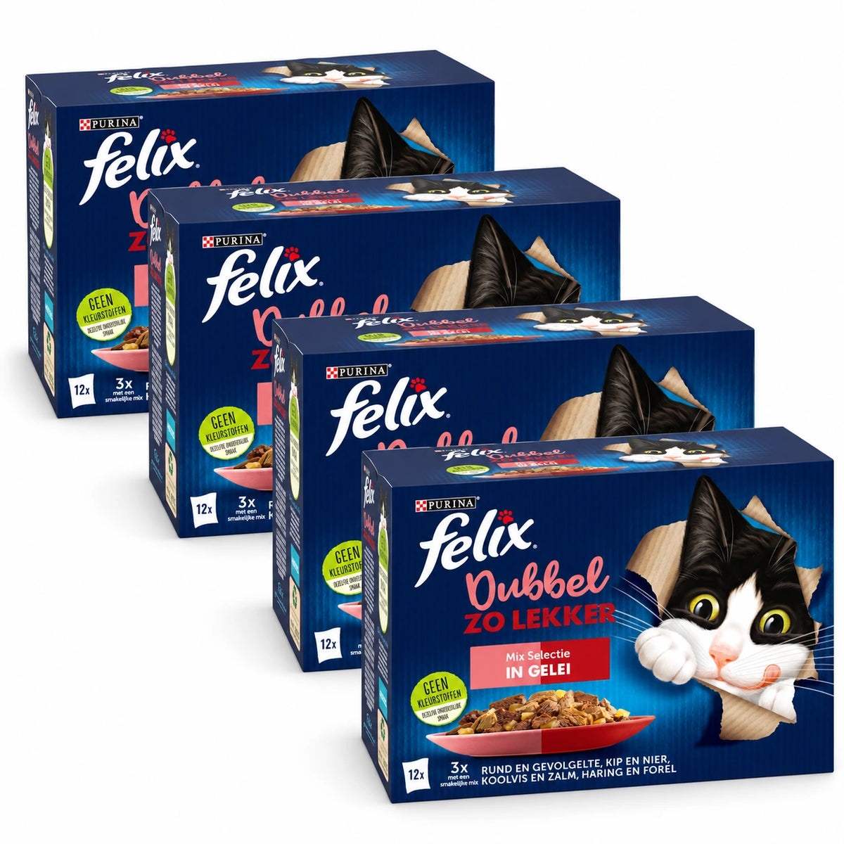 Felix Dubbel Zo Lekker Mix Selectie in Gelei 48 × 85 g – 4 doosjes op witte achtergrond