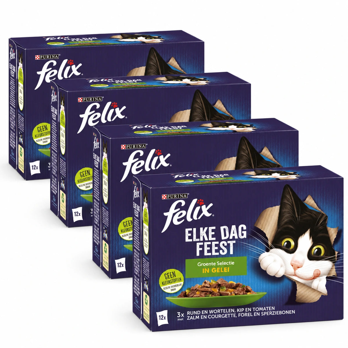 Felix Elke Dag Feest Groente Selectie in Gelei 48 × 85 g – 4 doosjes op witte achtergrond