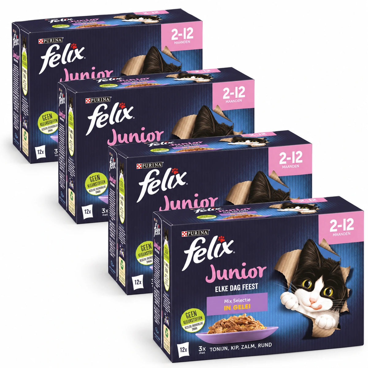 Felix Elke Dag Feest Junior Mix in Gelei 48 × 85 g – 4 doosjes op witte achtergrond