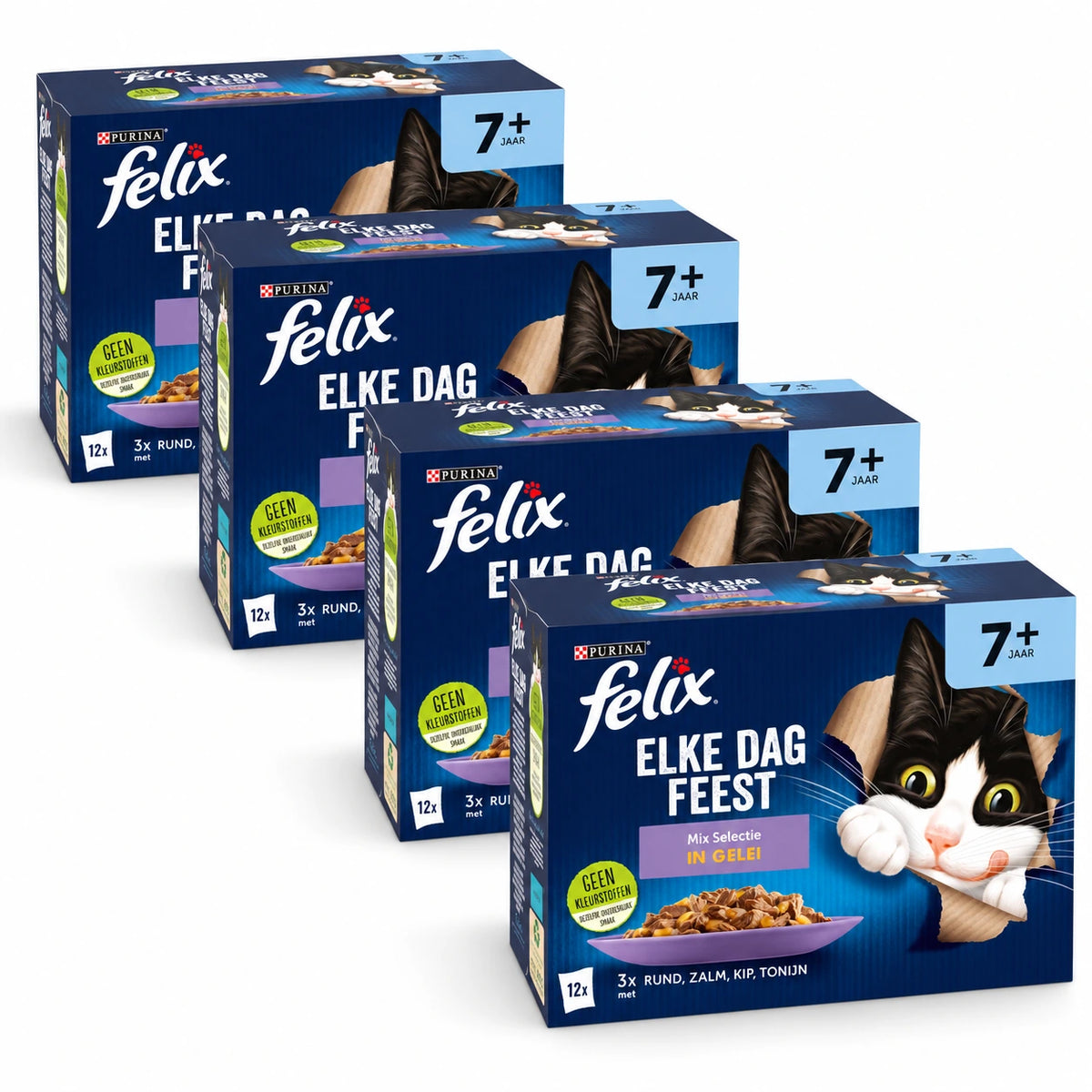 Felix Elke Dag Feest Senior 7+ Mix in Gelei 48 × 85 g – 4 doosjes op witte achtergrond
