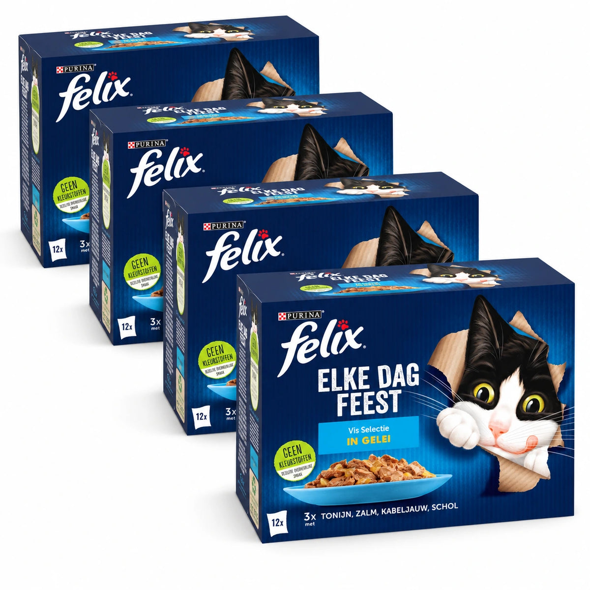Felix Elke Dag Feest Vis Selectie in Gelei 48 × 85 g – 4 doosjes op witte achtergrond