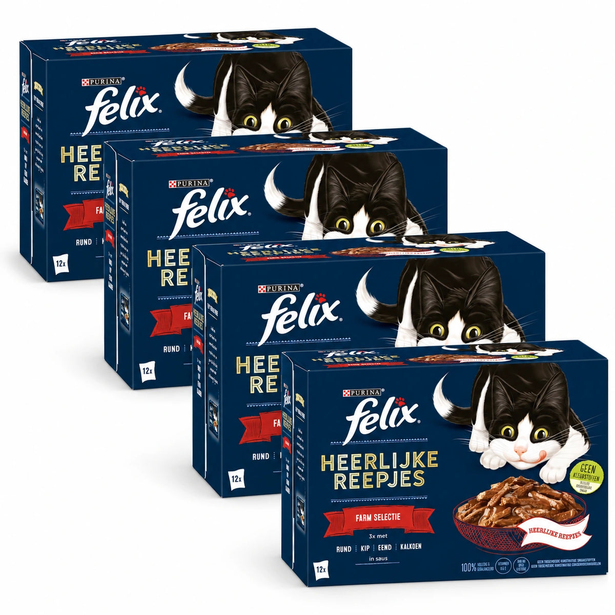 Felix Heerlijke Reepjes Farm Selectie in Saus 48 × 80 g – 4 doosjes op witte achtergrond