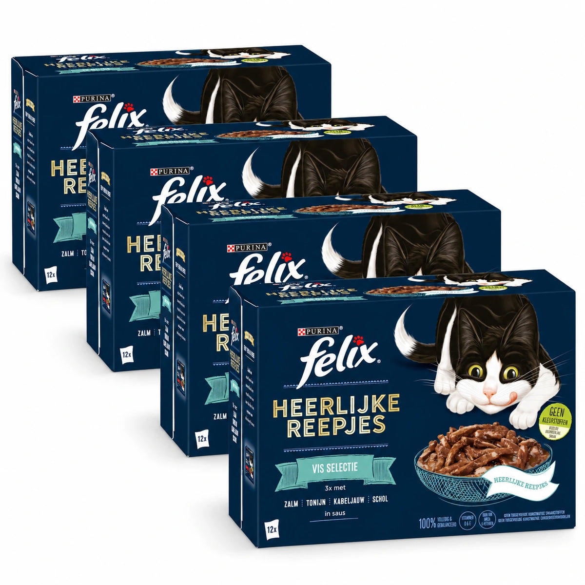 Felix Heerlijke Reepjes Vis Selectie in Saus 48 × 80 g – 4 doosjes op witte achtergrond