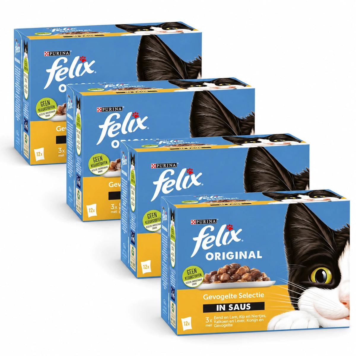 Felix Original Gevogelte Selectie in Saus 48 × 85 g – 4 doosjes op witte achtergrond