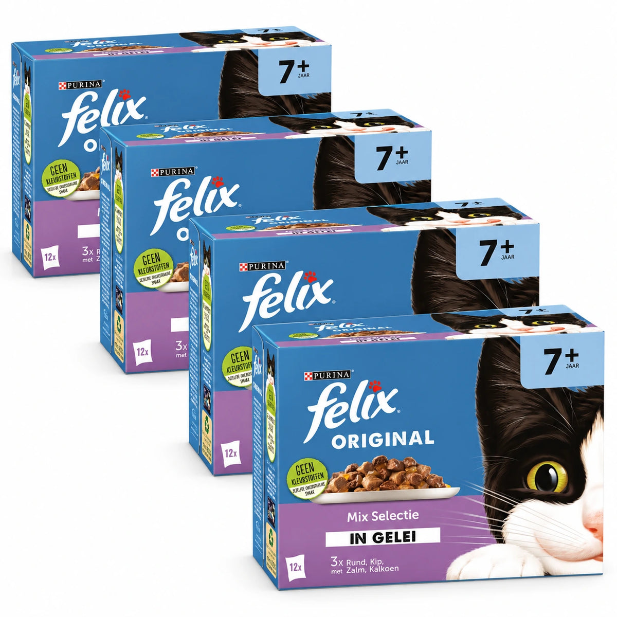 Felix Original Senior 7+ Mix in Gelei 48 × 85 g – 4 doosjes op witte achtergrond