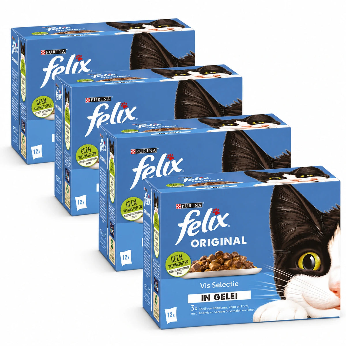 Felix Original Vis Selectie in Gelei 48 × 85 g – 4 doosjes op witte achtergrond