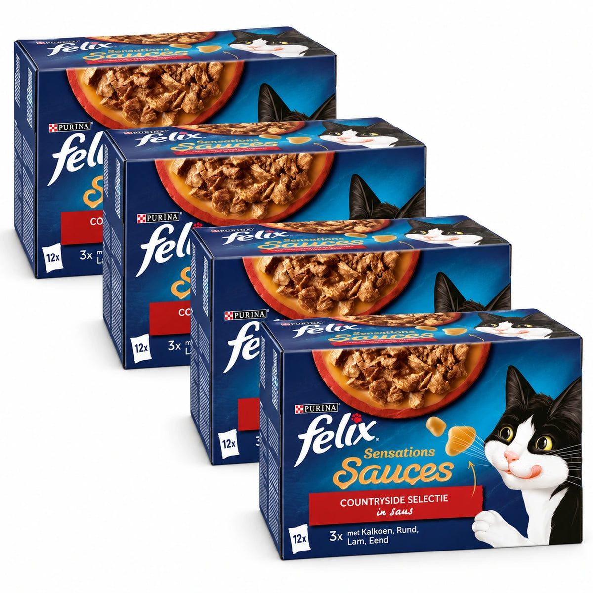 Felix Sensations Countryside Selectie in Saus 48 × 85 g – 4 doosjes op witte achtergrond