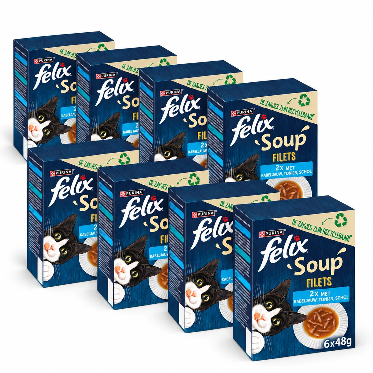 Felix Soup Tender Strips Vis 48 × 48 g – 8 doosjes op witte achtergrond