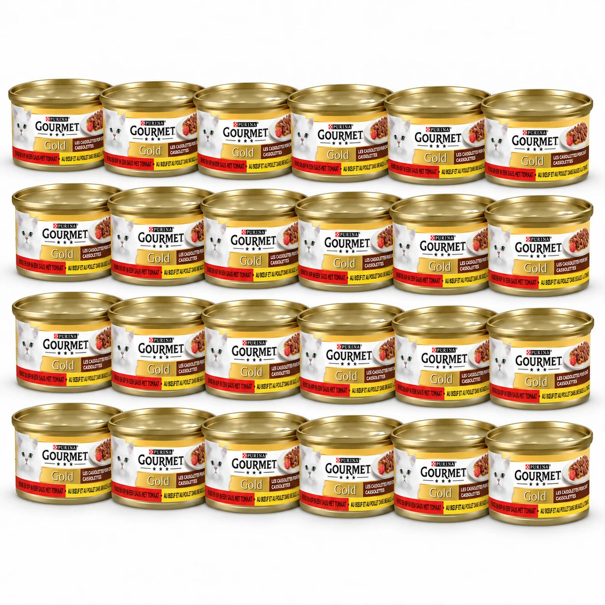 Gourmet Gold Cassolettes Rund & Kip in Saus met Tomaat – 24 × 85 g in een verspringende opstelling