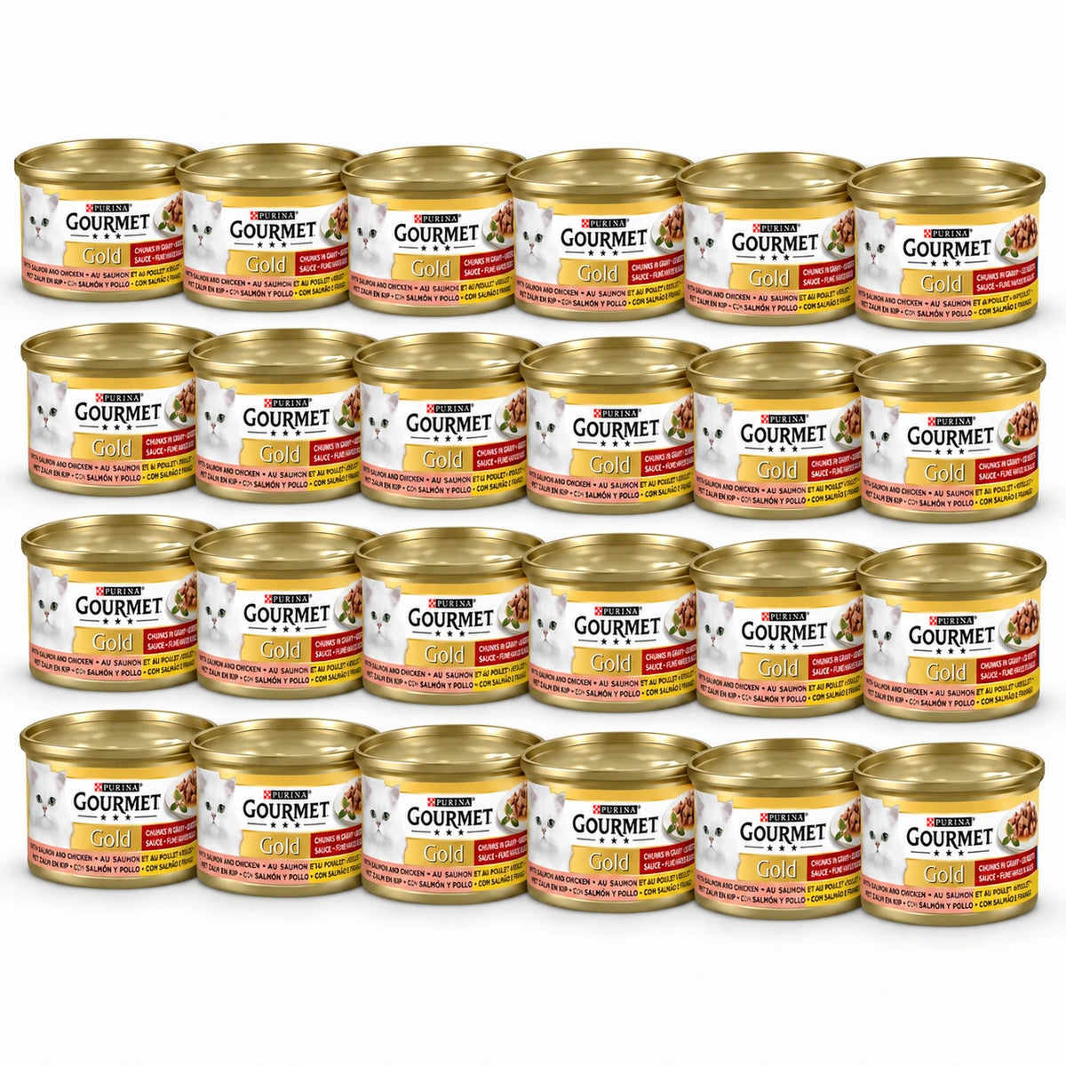 Gourmet Gold Fijne Hapjes Zalm & Kip in Saus – 24 × 85 g in een verspringende opstelling