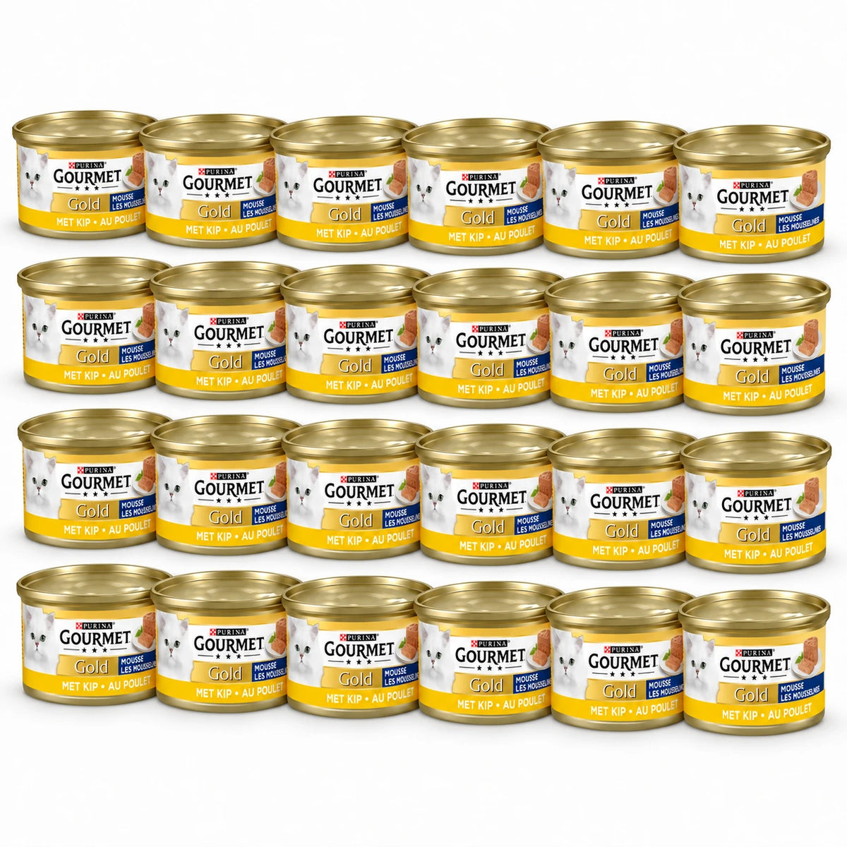 Gourmet Gold Fijne Mousse Kip, 24 blikjes van 85 gram in een verspringende opstelling