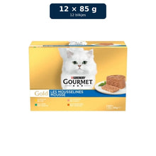 Gourmet Gold Fijne Mousse Mix Kip, Zalm, Niertjes & Konijn – 12 blikjes van 85 gram